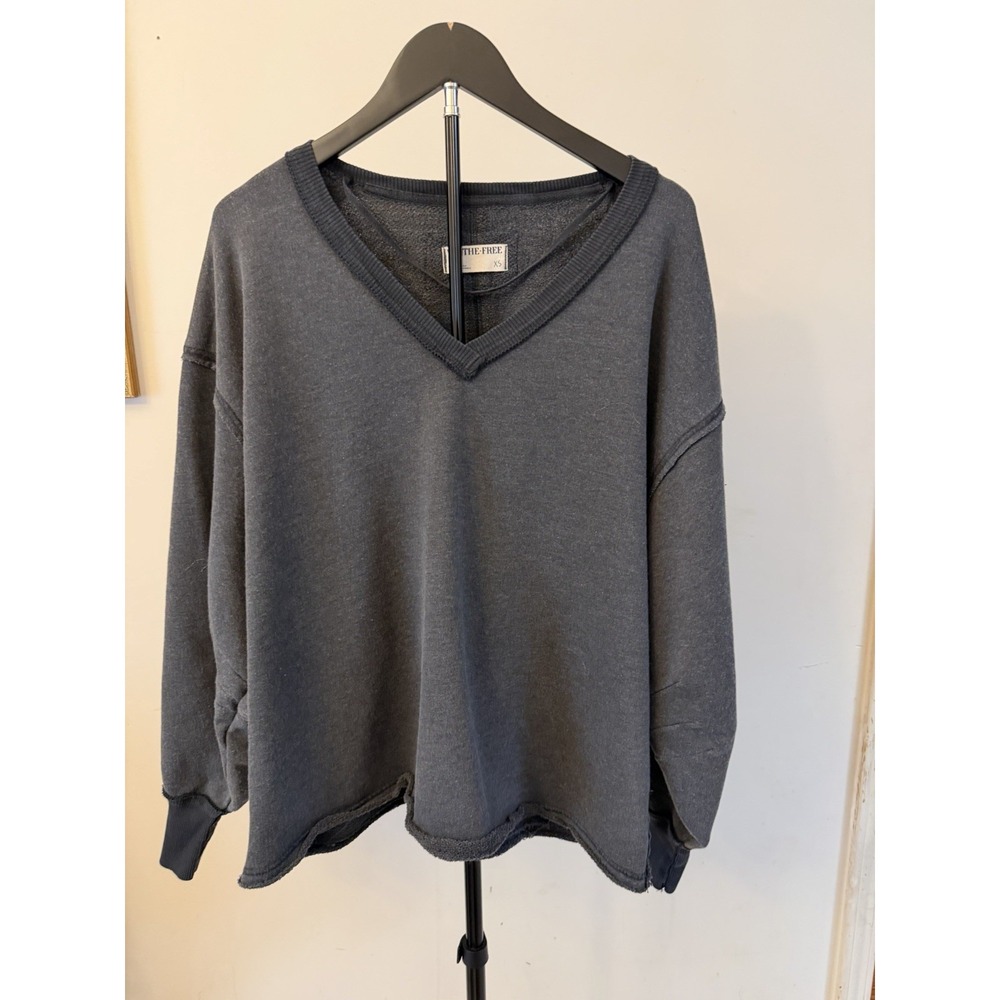 Free People Sweatshirt Womens XSmall Dark Gray V Neck Oversized Pullover Washed